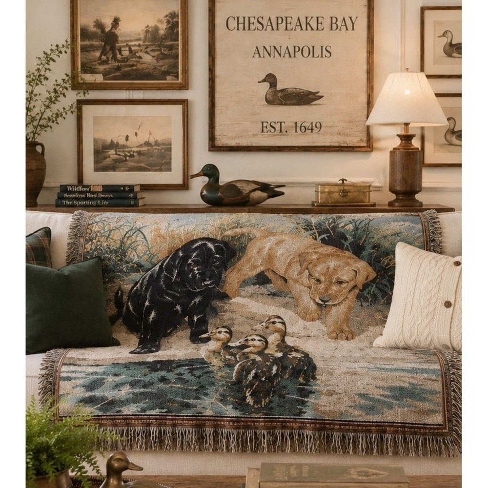 Linda Picken Labrador Puppy Tapestry Throw Duck Hunting Lodge Cottage 60x50